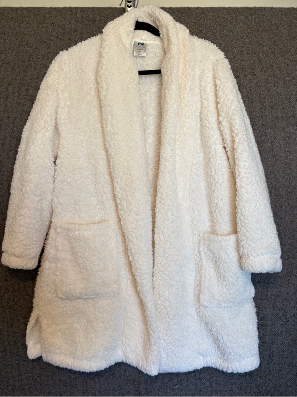 Natori White Fleece Robe Women L/XL Long Sleeve 100% Polyester Winter Solid